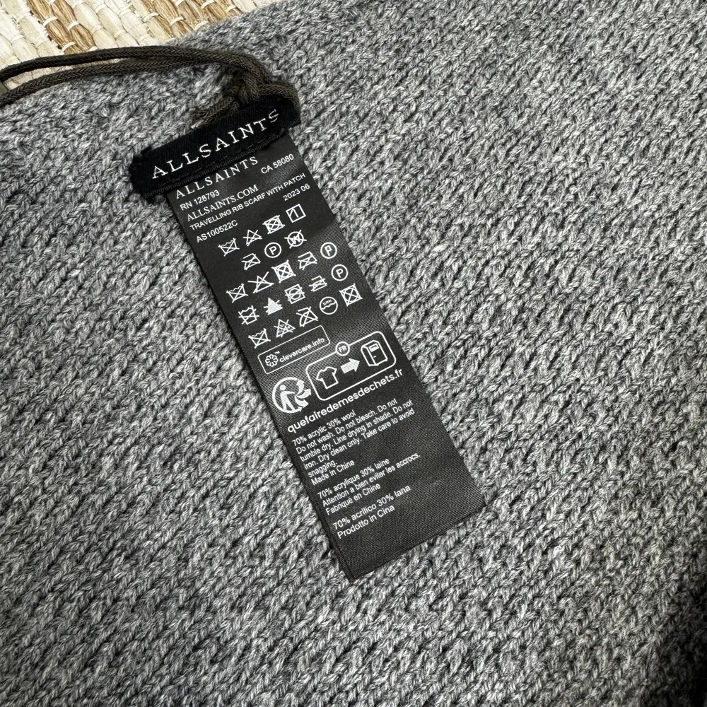 AllSaints Scarf Mens One Size Grey Marl Traveling Rib Wool Blend AS100522C-020‎
